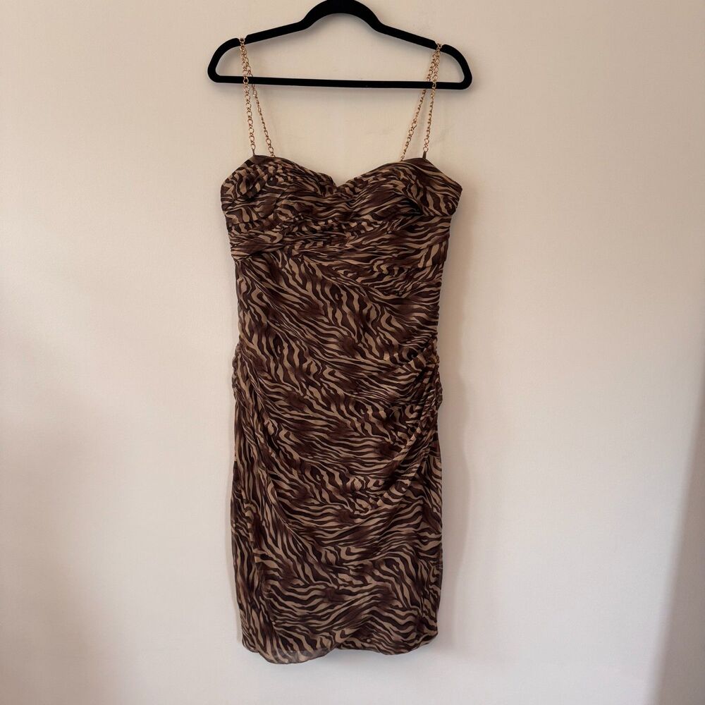 Niteline Brown & Tan Zebra Print Ruched Midi Dress Gold Chain Straps Size 12